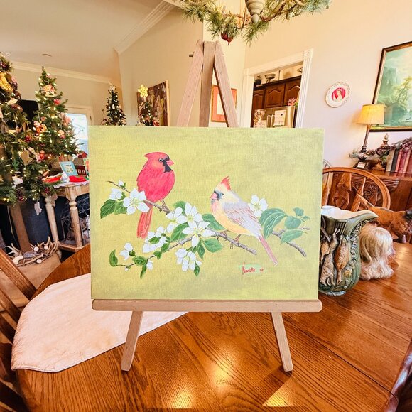 OOAK Vintage Signed Cardinal Painting with Wood Easel - Picture 3 of 14